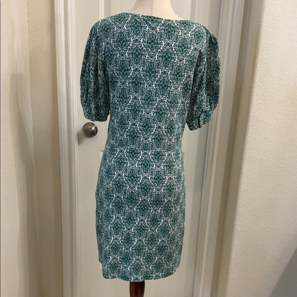 Boden Green Printed V-Neck Mini Dress with Puff Sleeves - Picture 2 of 7